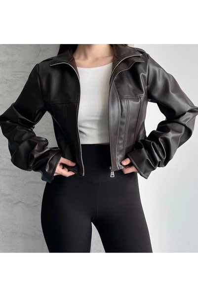 Reysamoda Women's Cropped Leather Jacket - Burgundy New Season with Corset Details