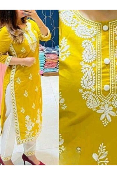 MYSMAR Yellow Cotton Kameez Salwar & Dupatta - PMM19249 | Yellow-Size:L-40-In...