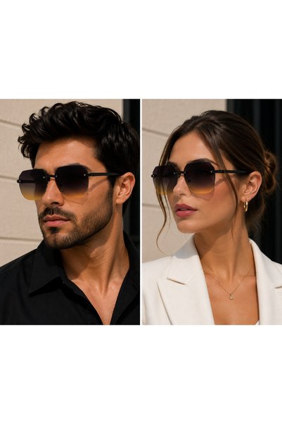Bymiel Unisex Black Gold Rimless Geometric Sunglasses Gradient Brown Glass Uv400