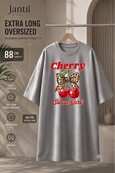 JANTIL MODA Crew Neck Leopard Bow Cherry and Sweet Girl Written Extra Long Ov...