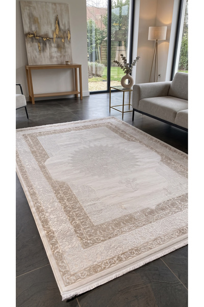 Pastel Modern Dokulu Krem Kahve Çerçeveli Halı Oturma Odası Salon Yatak Odası...