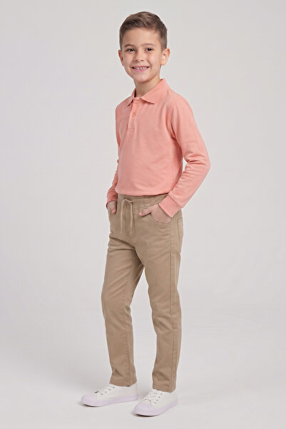 nacar çarşı Boys' Salmon Long Sleeve Polo Collar T-Shirt Beige Ribbed Waist C...