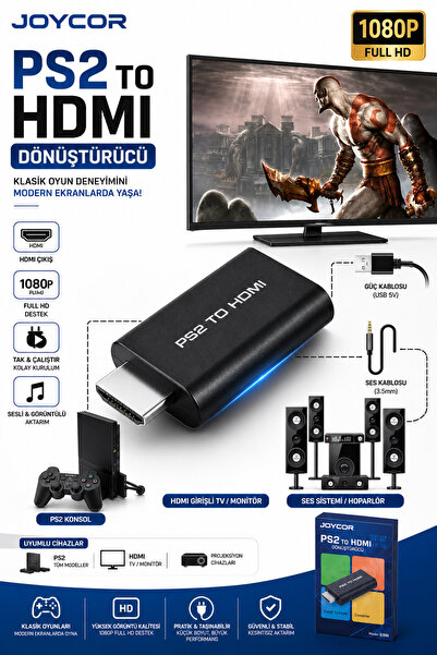 JOYCOR PS2 HDMI Dönüştürücü Adaptör 1080P Full HD Görüntü ve Ses Aktarımlı US...