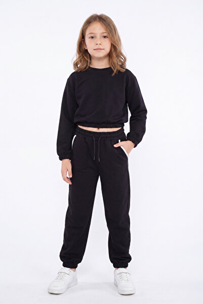 FYK KİDS Girl's Round Collar Pocket Piping Detailed Plain Unprinted Elastic C...