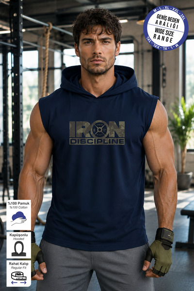 BESSA Navy Blue Iron Discipline Printed Standard Fit Hooded Sports Athlete Co...