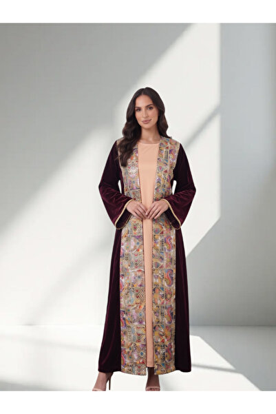 FNM Women's Velvet Open-Front Abaya - Tapestry Pattern Trim & Gold Braid Deta...