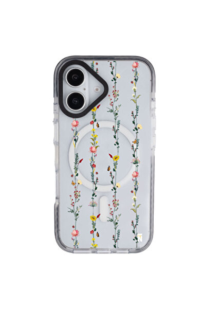 Casen iPhone 16 Yanları Siyah Magsafe Arty Şeffaf Floral Stripes Tasarımlı Pr...