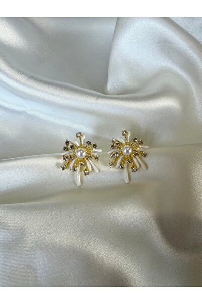 Eylülün Takısı Women's Gold Detailed White Design Earrings with Pearls and St...