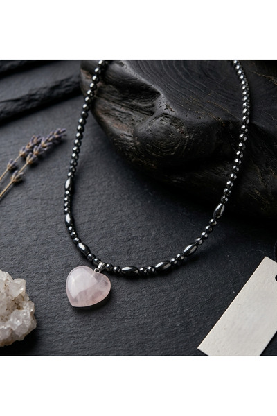 VİONEA Natural Stone Heart Pendant - Hematite and Pink Quartz Combination