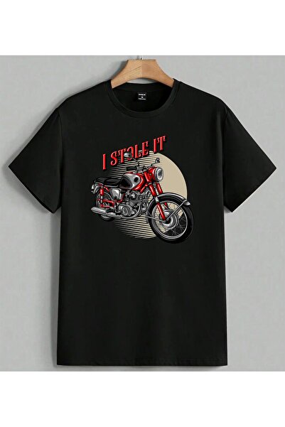 ELFERA Tricou oversize unisex cu imprimeu motocicletă roșie I Stole It, negru