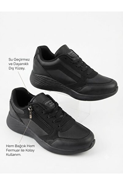 McDark Kadın Fermuarlı Ve Bağcıklı Sararmaz Taban Sneaker Ayakkabı-Siyah