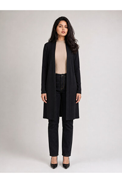 Gravt By Styli Black Solid Ribbed Longline Open Front Shrug