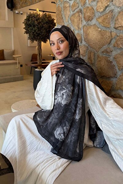 lamelif Vintage Flower Pattern Bamboo Shawl Black