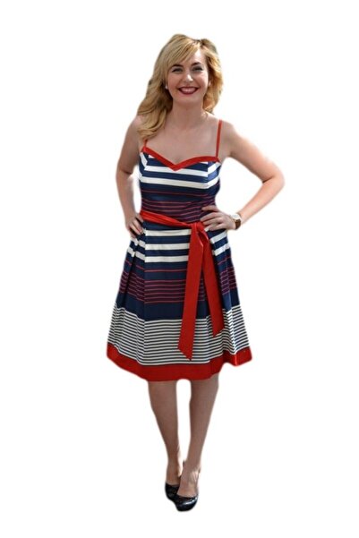 OEM Rochie feminina ,cu dungi subtiri alb-bleumarin-rosu