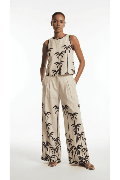 2TRENDY Women's Light Beige Palm Print Wide-Leg Pants