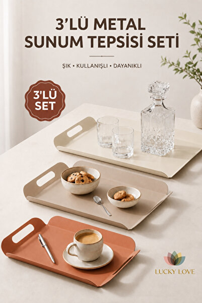 Lucky Love 3’lü Metal Sunum Tepsisi Seti Kulplu Servis Tepsisi Kahve İkram ve...
