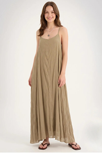bysoca Women's Khaki Crinkle Linen Textured Rope Strap Bohemian Long Dress Ma...