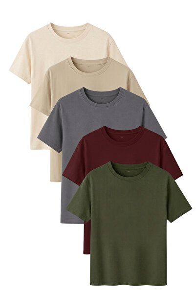 noetr Men's 5-Pack Cotton Basic T-Shirt Beige Stone Burgundy Khaki Dark Gray