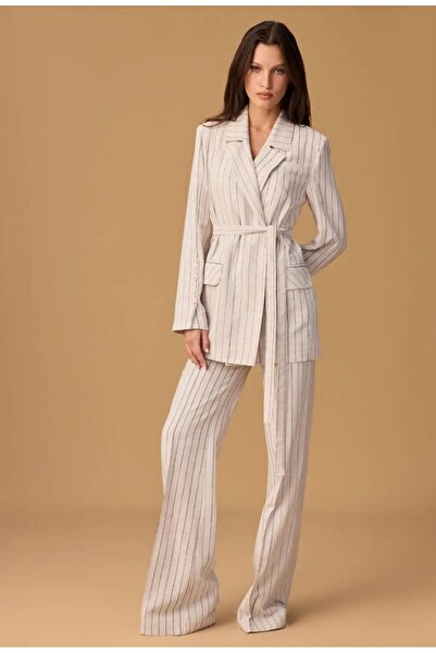 sleen exclusive SLEEN RAHAT KESİM KETEN KEMER DETAYLI CEKET
