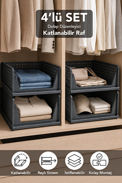 Meleni Home 4'lü Katlanır Organizer - Dolap İçi Katlı Saklama Rafı Çok Amaçlı...