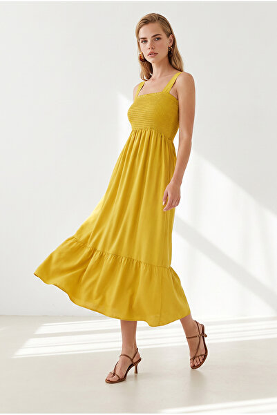 Olalook Women's Mustard Strap Gipeli Midi Woven Viscose Dress Elb-19002102