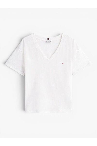 Tommy Hilfiger SLUB MDRN V-NK SS T-SHIRT Kadın Beyaz T-Shirt - WW0WW43901
