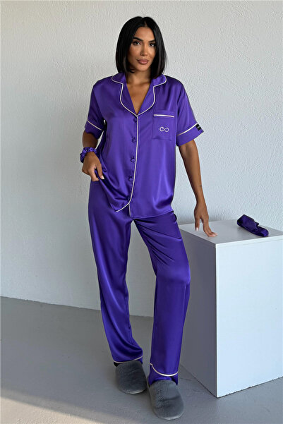 COCCOLARSI Essenza Notte Mor Saten Kısa Kol Pantolon Pijama Takımı