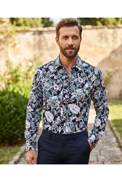 Chordi Men's Long Sleeve Floral Patterned Premium Cotton Shirt