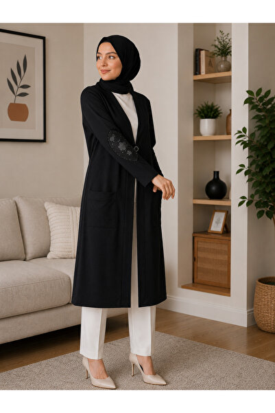Mava Lady Kadın Taş İşlemeli Dantel Detaylı Cepli Uzun Tesettür Hırka Kap