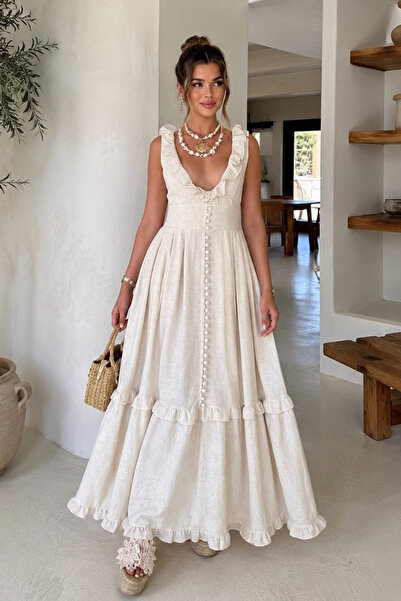 FH Living %100 Keten Bohem Maxi Elbise