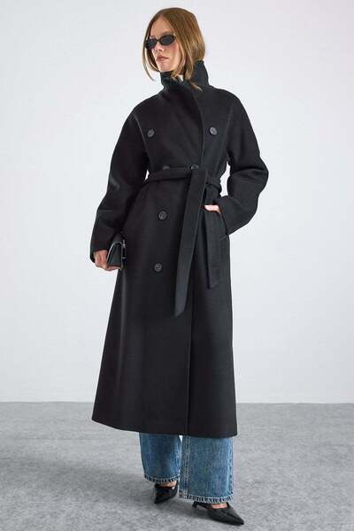 Olcay Knitted and Button Detailed Double-Breasted Premium Coat Black 3170
