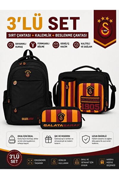 Galatasaray حقيبة ظهر سوداء مرخصة 26547 + حقيبة غداء 26927 + حامل أقلام 26578