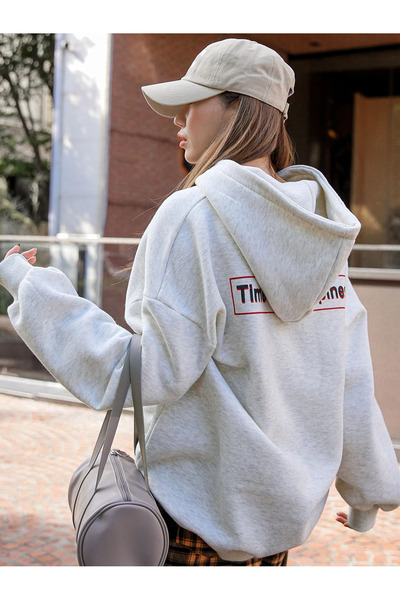 WESTİMO Women's Gray Time For Printed Hooded Hoodie Sweatshirt