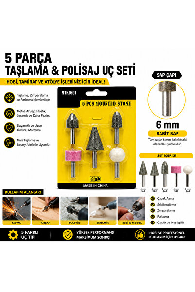 REKOTOOLS -5 Parça Taşlama ve Polisaj Uç Seti 6 mm Sap – Mini Taşlama Taşı Seti