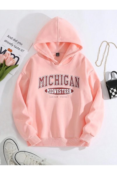 WESTİMO Women's Pink Michigan Western Printed Hooded Hoodie Sweatshirt