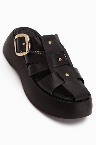 Limoya Venita Genuine Leather Black High-Sole Women's Slippers