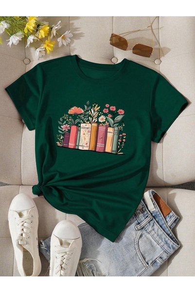 WESTİMO Women's Nefti Green Floral Library Printed Oversize T-Shirt