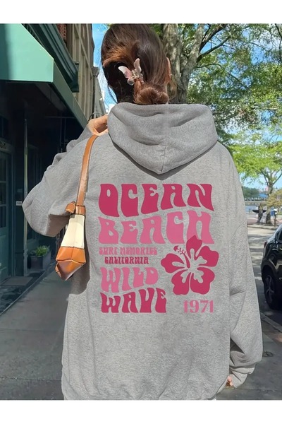 WESTİMO Women's Gray Ocean Beach Printed 3 Thread Hooded Hoodie Sweatshirt