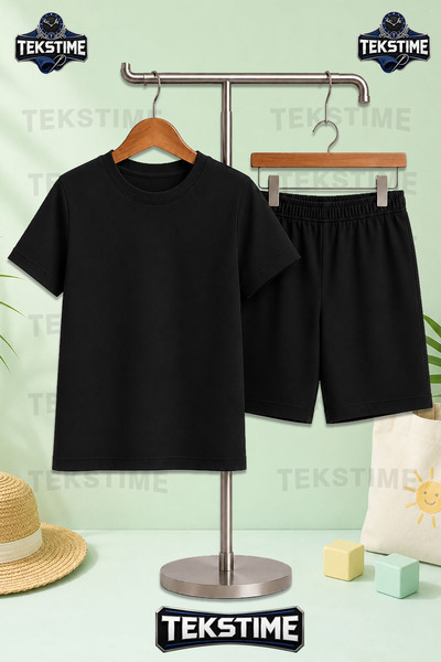 TEKSTIME Unisex Çocuk Tişört - Şort Takım Sade Model Baskısız Bisiklet Yaka
