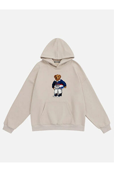 Mad&Calf Unisex College Bear Printed Hooded Fleece Oversized Sweatshirt