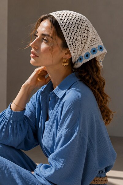 AFVENTE Ženska mrežasta pletena bandana sa motivom cveća u boji ekru-indigo