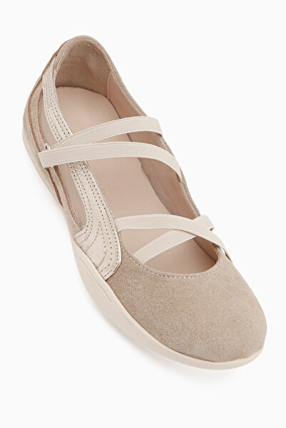 Limoya Mary Genuine Leather Beige Suede Cross Elastic Band Women's Ballerinas