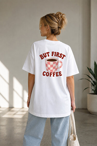 BAGAND تي شيرت Premium But First Coffee Arka Sırt كبير الحجم للجنسين مصنوع من...