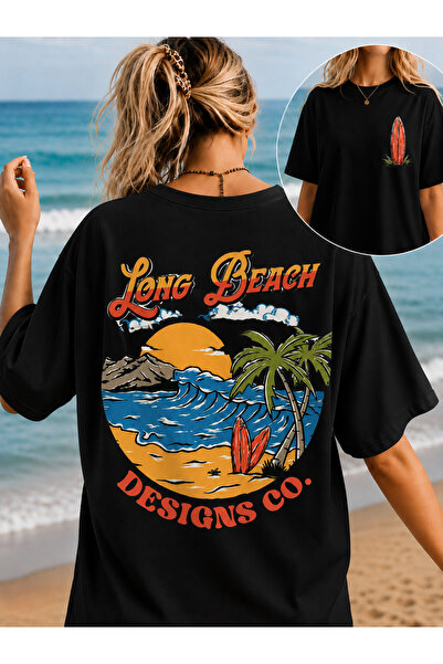 VODEXA تي شيرت نسائي كبير الحجم مطبوع عليه LONG BEACH مصنوع من القطن بنسبة 10...