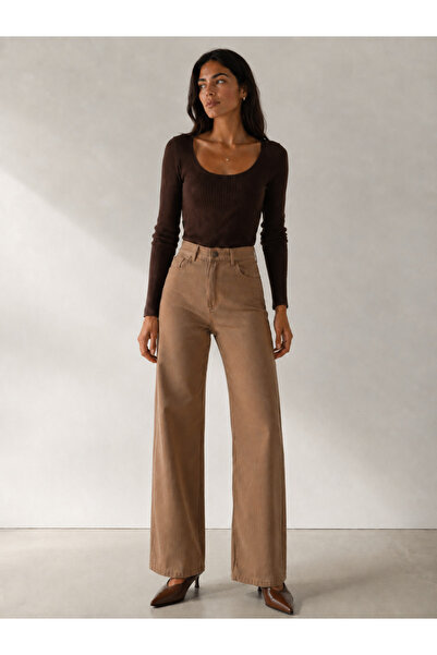 SHEVEGA Women's Mink High Waist Linen Wide Leg Palazzo Jean Trousers