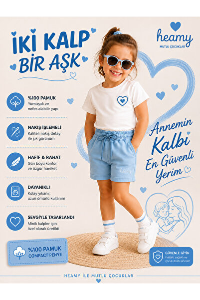 Kız Çocuk İki Kalp Bir Aşk Özel Koleksiyon %100 Pamuk Şortlu Takım