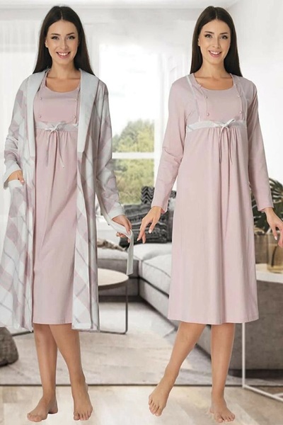 Effortt Dvina Maternity Patterned Dressing Gown and Long Sleeve Nightgown - S...