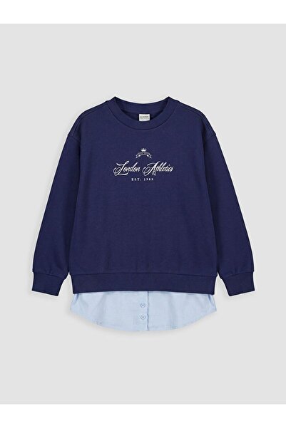 LC Waikiki Lcw Kids Navy Blue Crew Neck London Printed Girls' Sweatshirt
