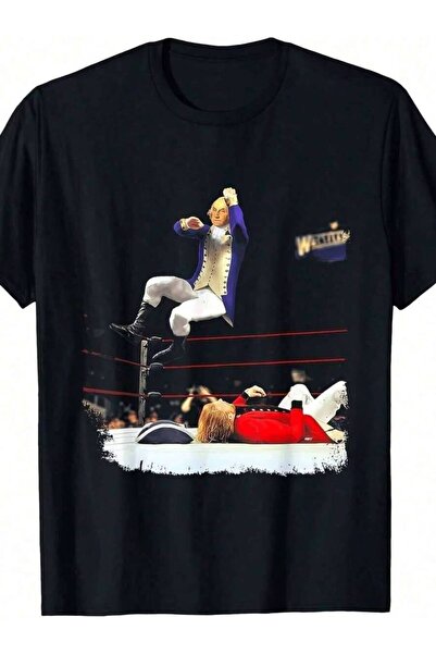 23ERVA Funny George Washington Wrestling T-Shirt Short Sleeve Classic Heavy C...