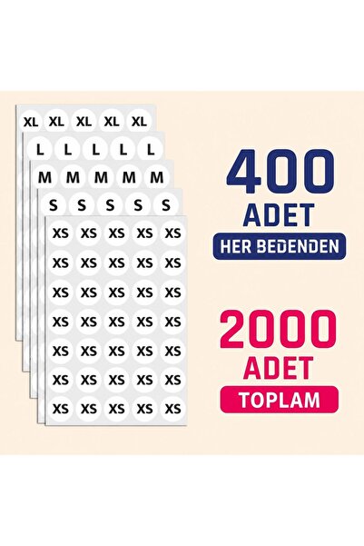 naturevo 2000 Adet Beden Etiketi Sticker Seti XS S M L XL | 1.5 Yuvarlak Kend...
